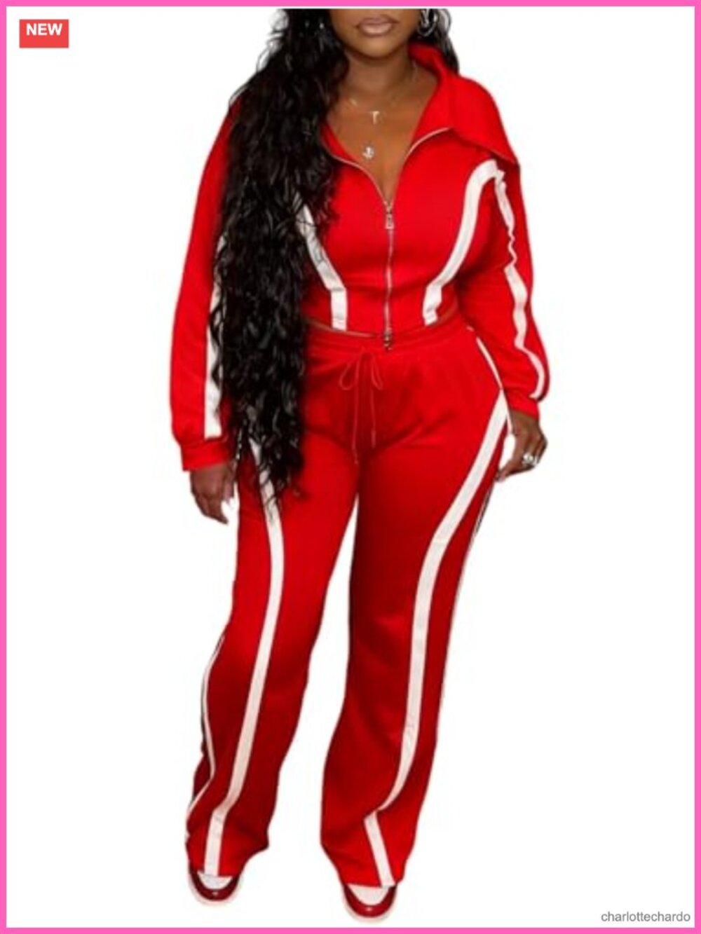 Women Striped 2 Piece Tracksuit Set Long Sleeve Zip Up Cropped Jacket Wide Leg